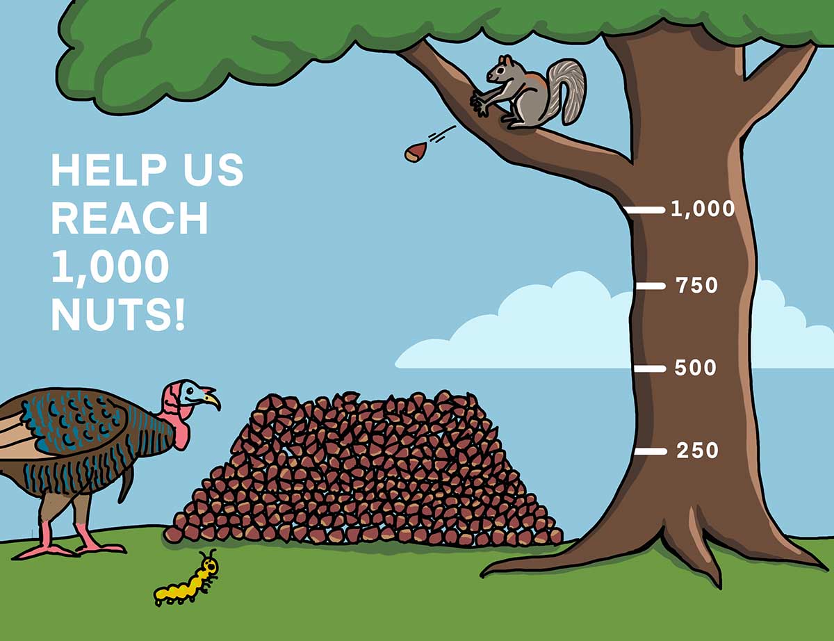 Progress bar illustration of squirrel throwing chestnuts into a pile